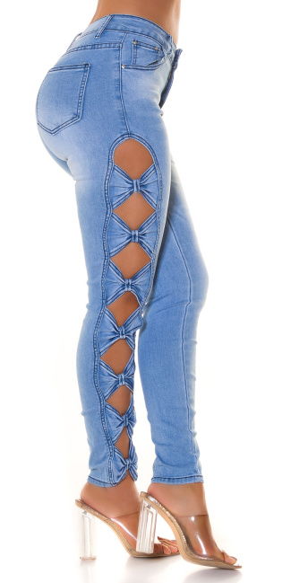Midtaille skinny jeans met strik uitsparingen blauw